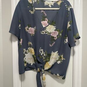 Nine Britton Blue Floral Tie-Front Blouse